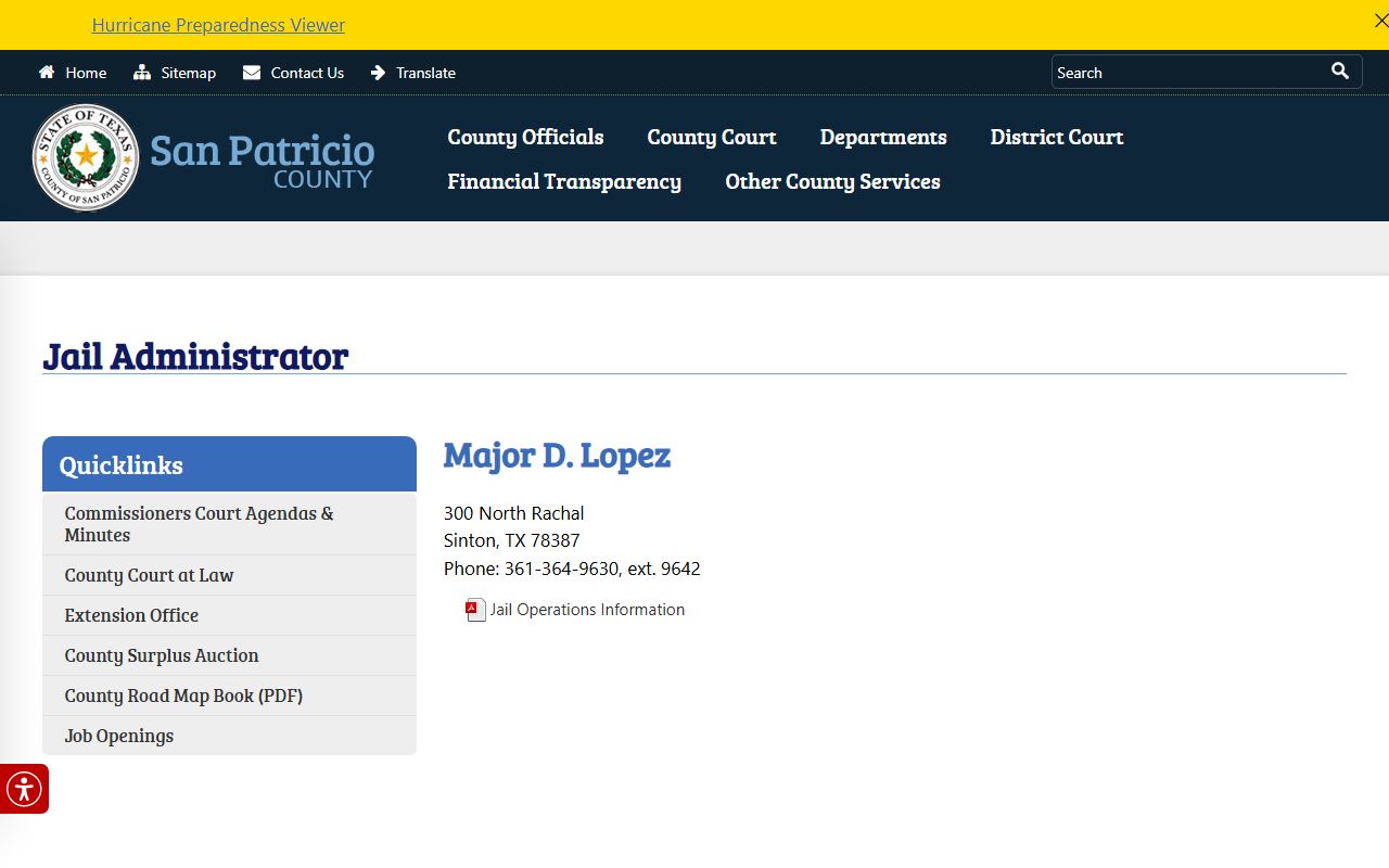 San Patricio County Jail administrator contact page